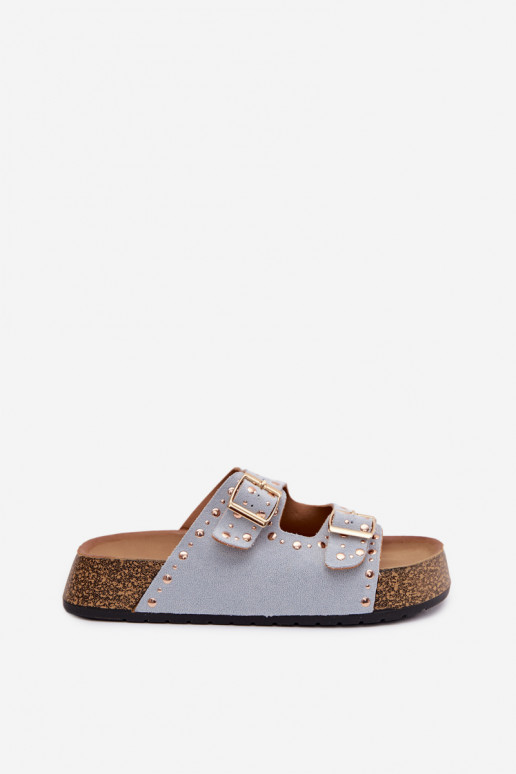 Moteriškos šlepetės Ze aukso spalvosmi su sagtimismi Ir smeigės šviesiai mėlynos spalvos Tervina