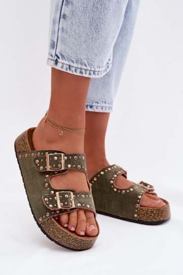 Moteriškos šlepetės Ze aukso spalvosmi su sagtimismi Ir smeigės chaki spalvos Tervina 2