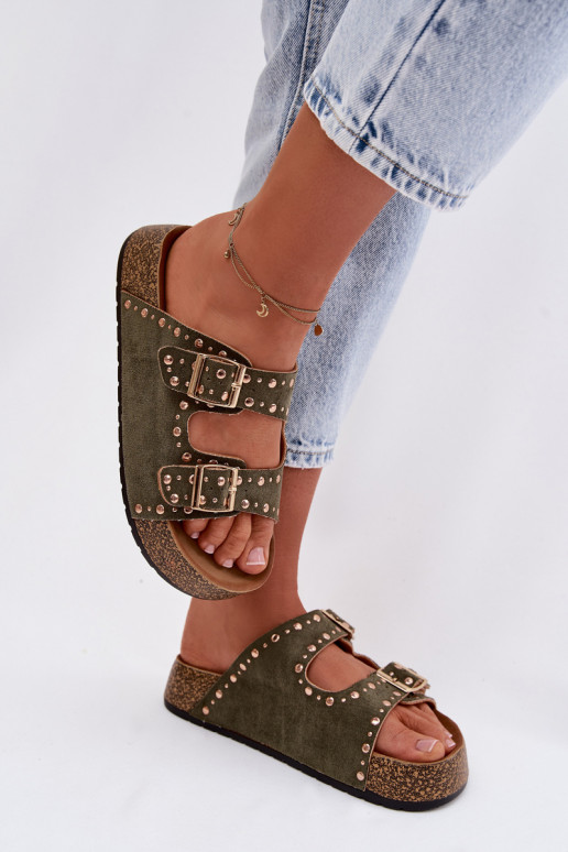 Moteriškos šlepetės Ze aukso spalvosmi su sagtimismi Ir smeigės chaki spalvos Tervina