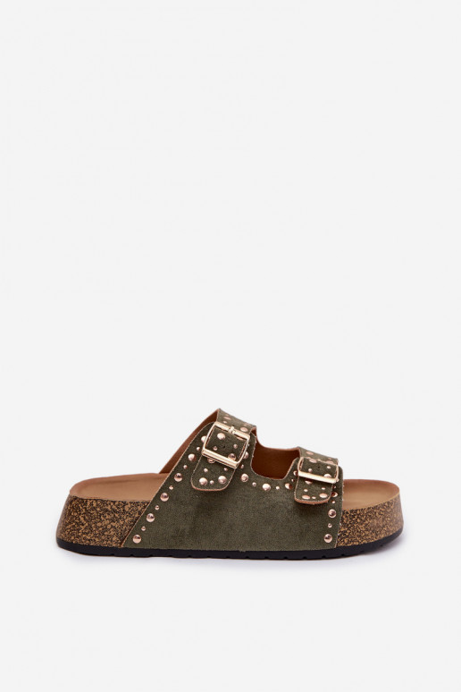 Moteriškos šlepetės Ze aukso spalvosmi su sagtimismi Ir smeigės chaki spalvos Tervina