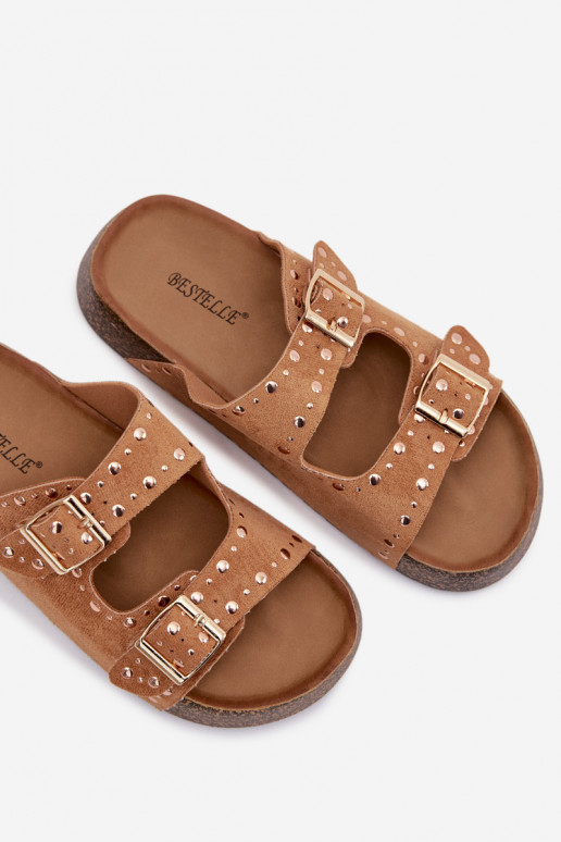 Moteriškos šlepetės Ze aukso spalvosmi su sagtimismi Ir smeigės rudos spalvos Tervina