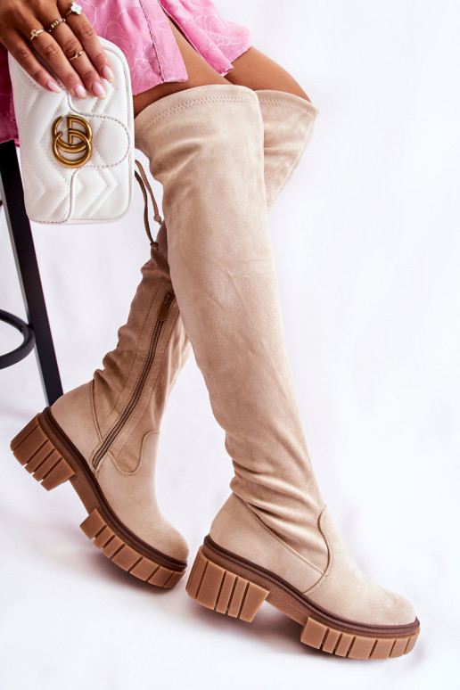 iš zomšos Moteriškas ilgaauliai batai virš kelių dramblio kaulo spalvos Cheera