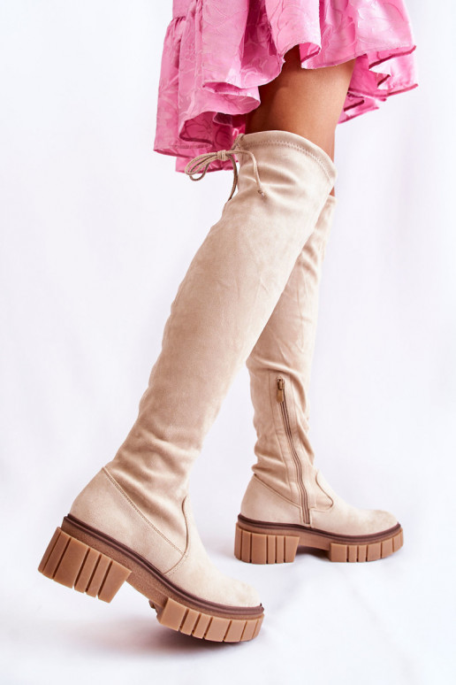 iš zomšos Moteriškas ilgaauliai batai virš kelių dramblio kaulo spalvos Cheera