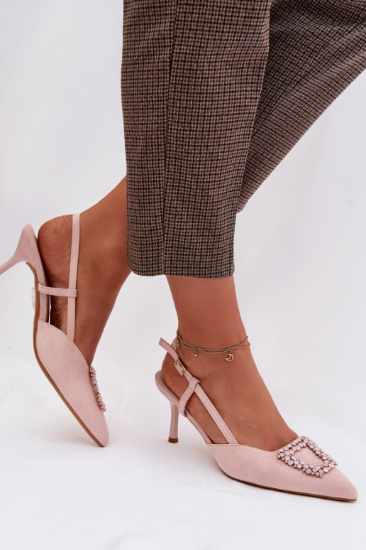 Moteriškos basutės su plonais kulniukais su ornamentais rožinės spalvos Ismeria