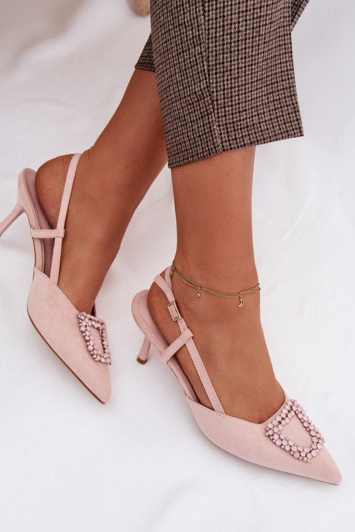 Moteriškos basutės su plonais kulniukais su ornamentais rožinės spalvos Ismeria