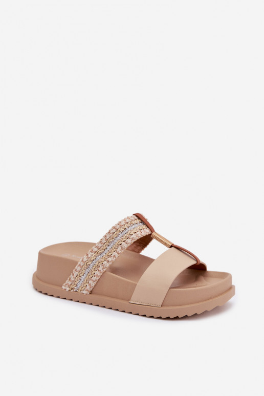 Moteriškos šlepetės su platforma su juostelėmis I aukso spalvosm Detalem smėlio spalvos Tahlia