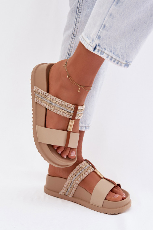 Moteriškos šlepetės su platforma su juostelėmis I aukso spalvosm Detalem smėlio spalvos Tahlia