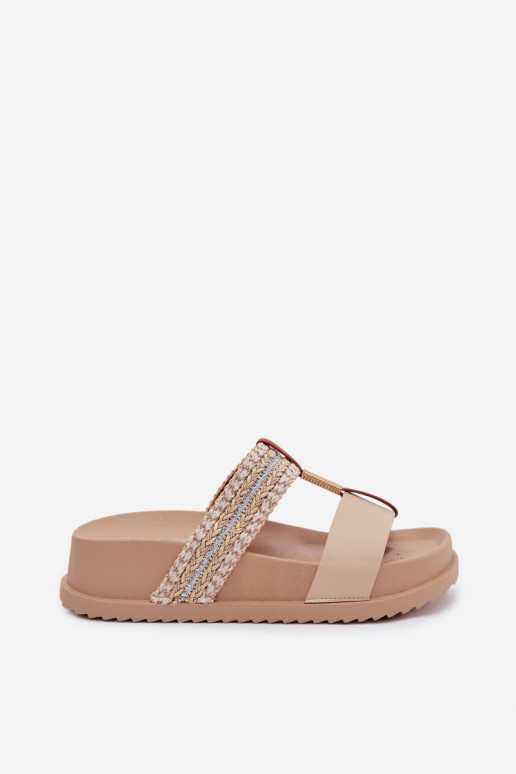 Moteriškos šlepetės su platforma su juostelėmis I aukso spalvosm Detalem smėlio spalvos Tahlia