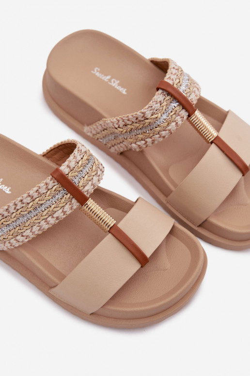 Moteriškos šlepetės su platforma su juostelėmis I aukso spalvosm Detalem smėlio spalvos Tahlia