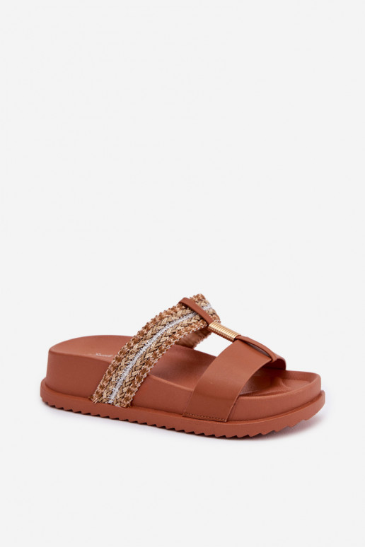 Moteriškos šlepetės su platforma su juostelėmis I aukso spalvosm Detalem rudos spalvos Tahlia