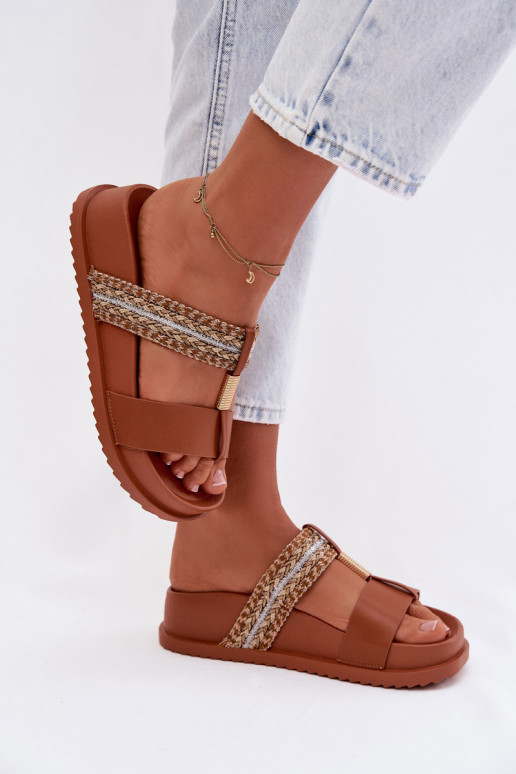 Moteriškos šlepetės su platforma su juostelėmis I aukso spalvosm Detalem rudos spalvos Tahlia