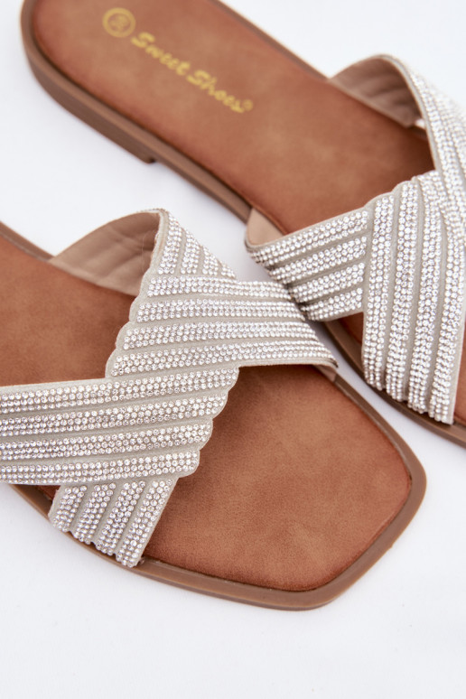 Moteriškos šlepetės su plačiais kulniukais su tviskančiomis akutėmis sidabro spalvos Zinnia