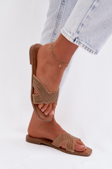 Moteriškos šlepetės su plačiais kulniukais su tviskančiomis akutėmis aukso spalvos Zinnia