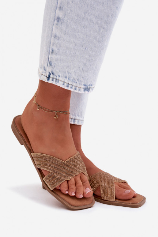 Moteriškos šlepetės su plačiais kulniukais su tviskančiomis akutėmis aukso spalvos Zinnia