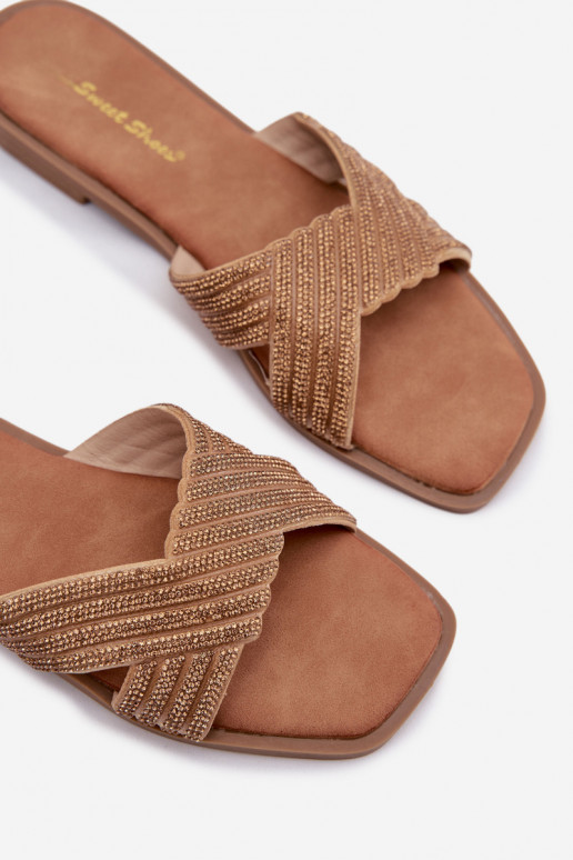 Moteriškos šlepetės su plačiais kulniukais su tviskančiomis akutėmis aukso spalvos Zinnia