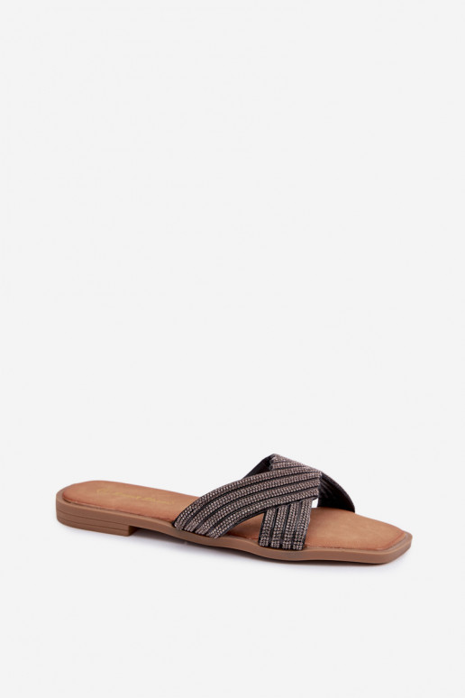 Moteriškos šlepetės su plačiais kulniukais su tviskančiomis akutėmis juodos spalvos Zinnia