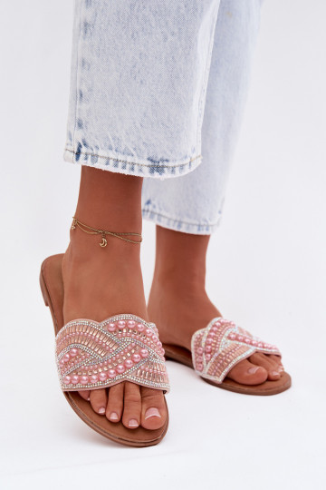 Dekoruotos Šlepetės su plačiais kulniukais rožinės spalvos Dovima 2