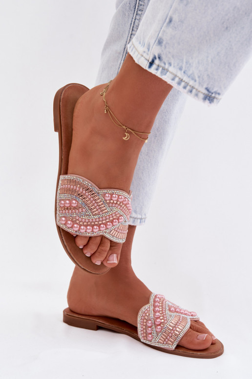 Dekoruotos Šlepetės su plačiais kulniukais rožinės spalvos Dovima