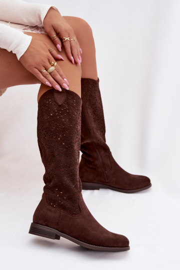 su aužūro elementais moteriški ilgaauliai batai su plačiais kulniukais S.Barski HY61-8023 CzekoladoĮe