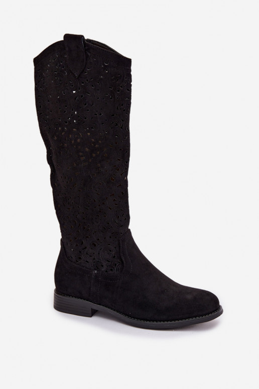 su aužūro elementais moteriški ilgaauliai batai su plačiais kulniukais S.Barski HY61-8023 juodos spalvos