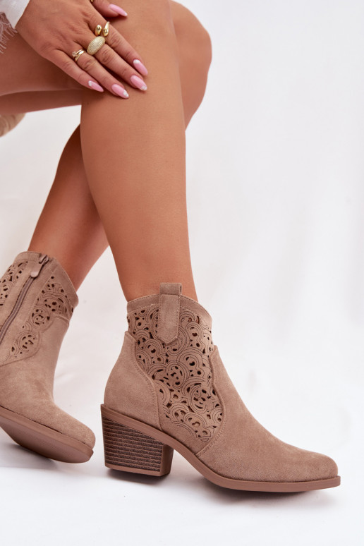 Ažūriniai aulinukai kaubojiško stiliaus Moteriškas su kulniukais S.Barski HY61-8012 smėlio spalvos