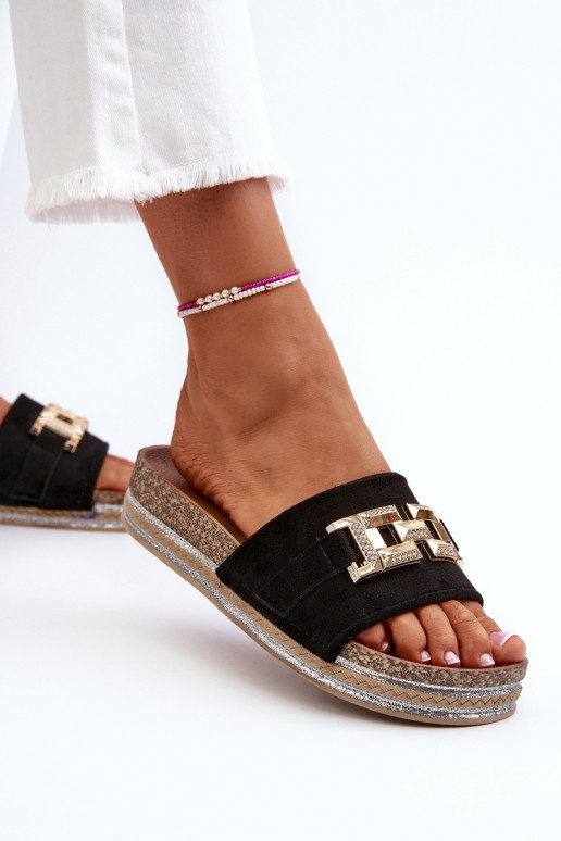 Moteriškos platformos šlepetės su puošmena juodos spalvos Vapireta