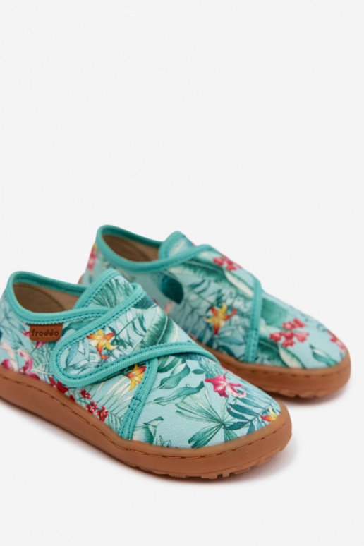 Šlepetės Vaikiški su lipniais užsegimais Barefoot su gėlių motyvais Liście Froddo G1700438-14 mėtinės spalvos