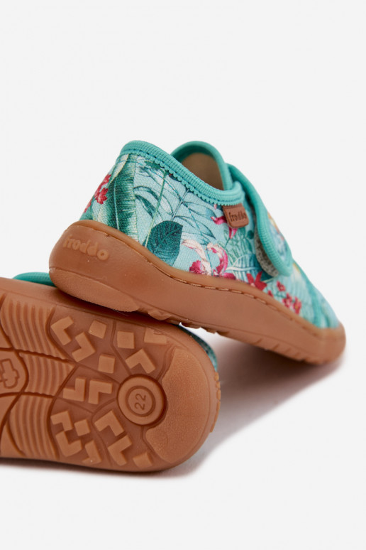 Šlepetės Vaikiški su lipniais užsegimais Barefoot su gėlių motyvais Liście Froddo G1700438-14 mėtinės spalvos