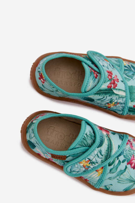 Šlepetės Vaikiški su lipniais užsegimais Barefoot su gėlių motyvais Liście Froddo G1700438-14 mėtinės spalvos
