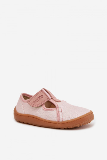 Vaikiškos šlepetės su lipniais užsegimais su blizgesiu Barefoot Froddo Canvas G1700439-2 rožinės spalvos