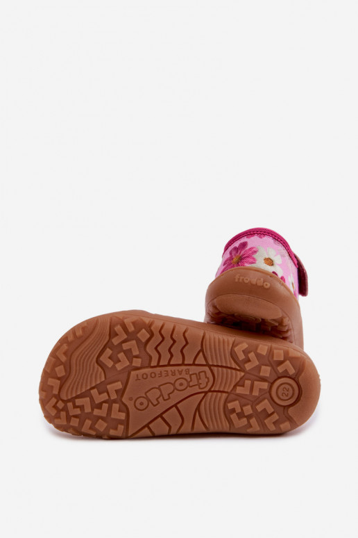 Šlepetės Vaikiški su lipniais užsegimais su gėlytėmis Barefoot Froddo Cannvas G1700439-4 rožinės spalvos
