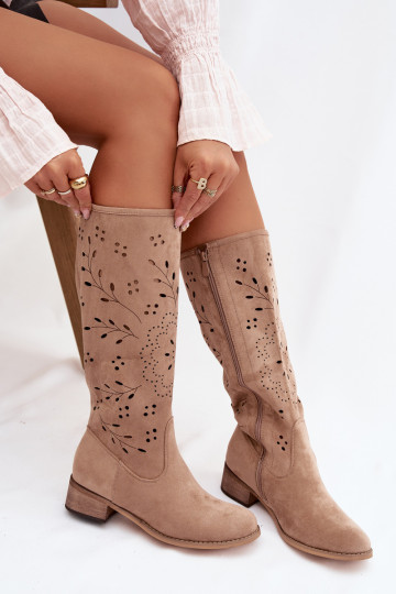 Chaki spalvos moteriški ilgaauliai batai su ažūro elementais Helinna