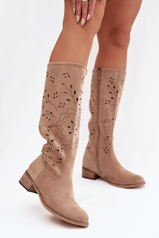 Chaki spalvos moteriški ilgaauliai batai su ažūro elementais Helinna