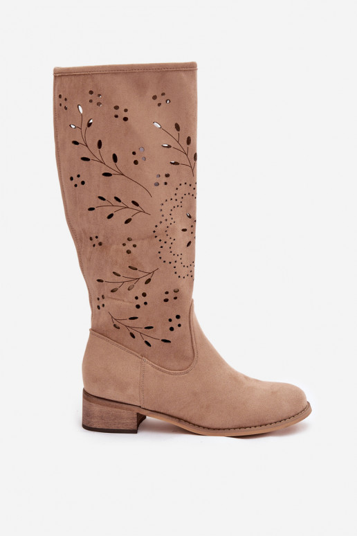 Chaki spalvos moteriški ilgaauliai batai su ažūro elementais Helinna