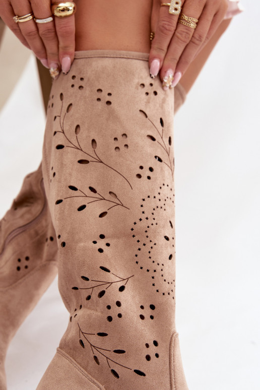 Chaki spalvos moteriški ilgaauliai batai su ažūro elementais Helinna