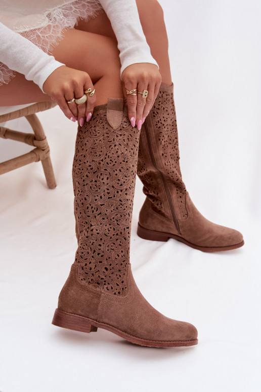 su aužūro elementais moteriški ilgaauliai batai su plačiais kulniukais S.Barski HY61-8023 rudos spalvos