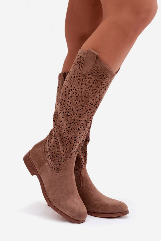 su aužūro elementais moteriški ilgaauliai batai su plačiais kulniukais S.Barski HY61-8023 rudos spalvos