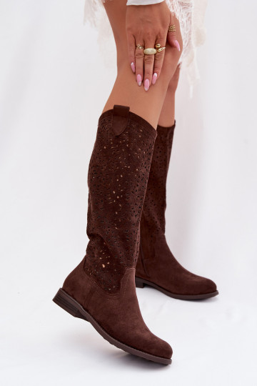 su aužūro elementais moteriški ilgaauliai batai su plačiais kulniukais S.Barski HY61-8023 CzekoladoĮe 2