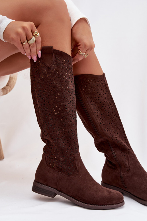 su aužūro elementais moteriški ilgaauliai batai su plačiais kulniukais S.Barski HY61-8023 CzekoladoĮe