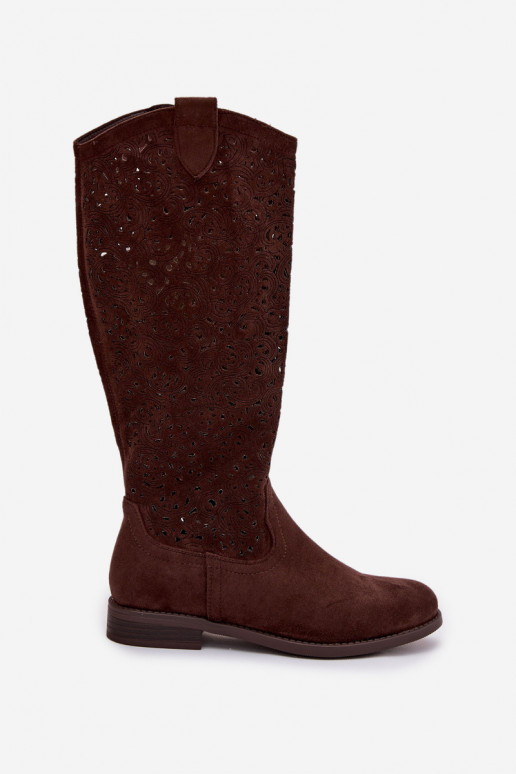 su aužūro elementais moteriški ilgaauliai batai su plačiais kulniukais S.Barski HY61-8023 CzekoladoĮe