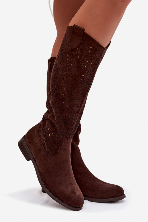 su aužūro elementais moteriški ilgaauliai batai su plačiais kulniukais S.Barski HY61-8023 CzekoladoĮe