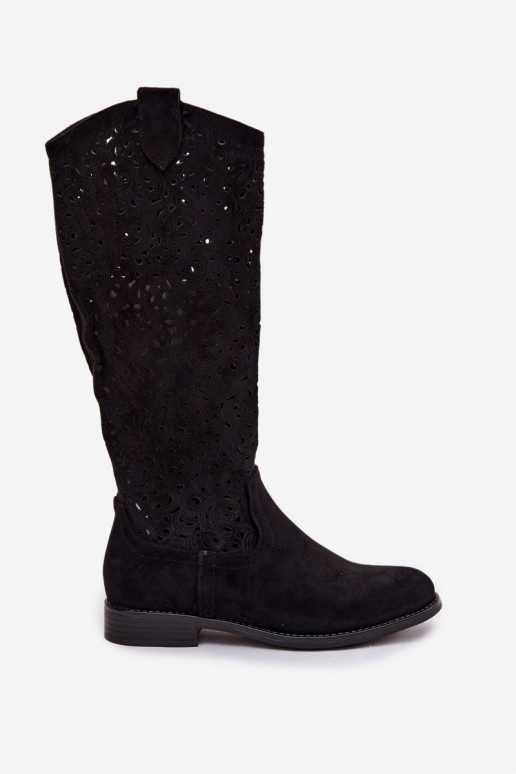 su aužūro elementais moteriški ilgaauliai batai su plačiais kulniukais S.Barski HY61-8023 juodos spalvos