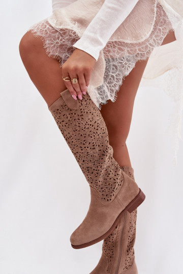 su aužūro elementais moteriški ilgaauliai batai su plačiais kulniukais S.Barski HY61-8023 smėlio spalvos 2