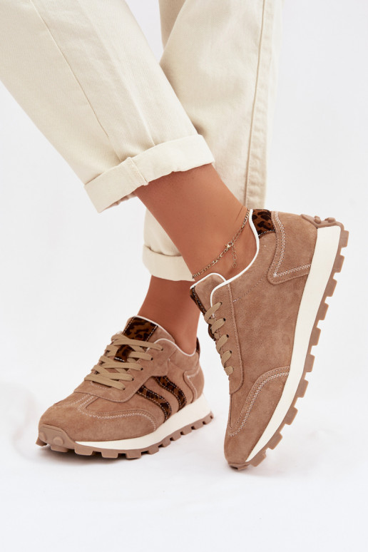 iš zomšos Sneakers modelio batai Moteriškas su platforma su leopardo kailio raštais S.Barski LR61-7071 rudos spalvos