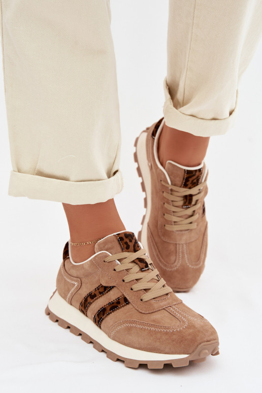 iš zomšos Sneakers modelio batai Moteriškas su platforma su leopardo kailio raštais S.Barski LR61-7071 rudos spalvos