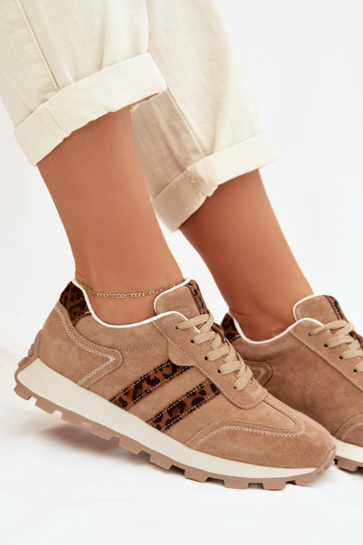 iš zomšos Sneakers modelio batai Moteriškas su platforma su leopardo kailio raštais S.Barski LR61-7071 rudos spalvos