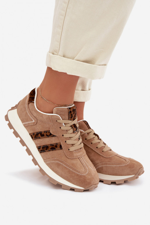 iš zomšos Sneakers modelio batai Moteriškas su platforma su leopardo kailio raštais S.Barski LR61-7071 rudos spalvos