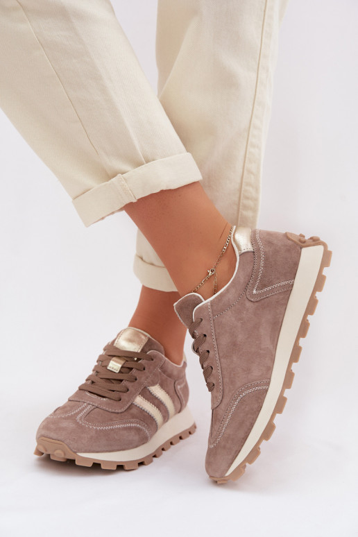 iš zomšos Sneakers modelio batai Moteriškas su platforma S.Barski LR61-7097 smėlio spalvos