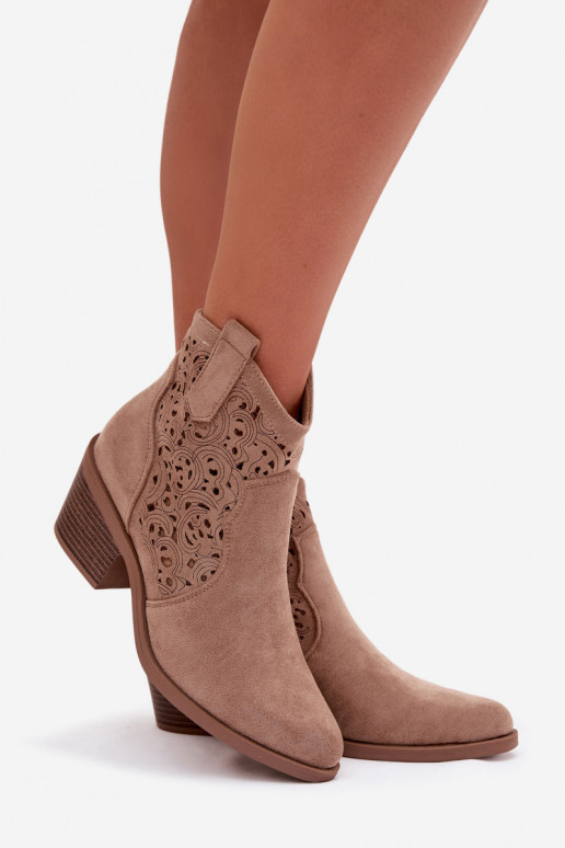 Moteriški ažūriniai aulinukai kaubojiško stiliaus su kulniukais S.Barski HY61-8012, smėlio spalvos