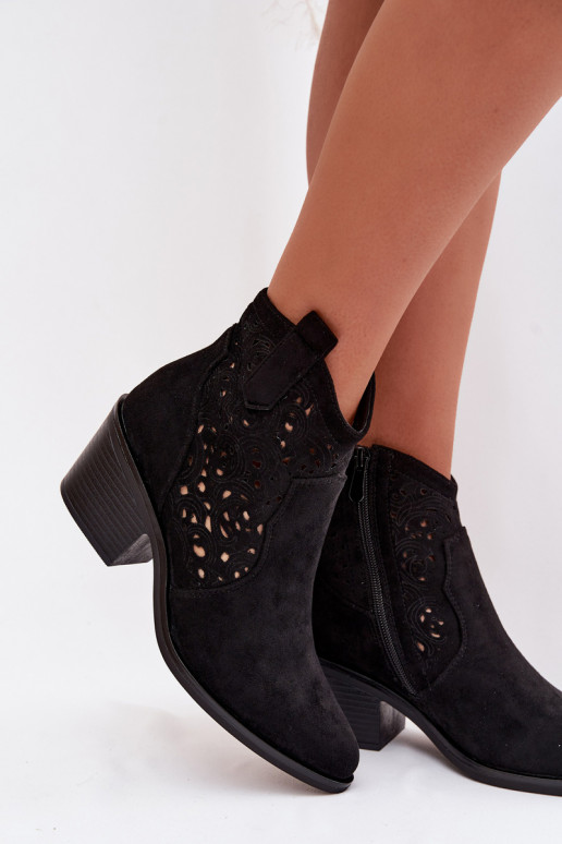 Ažūriniai moteriški kaubojiško stiliaus aulinukai su kulniukais S.Barski HY61-8012 juodos spalvos